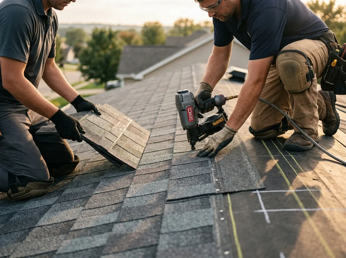 Professional roofer working on a residential roof in Whitman